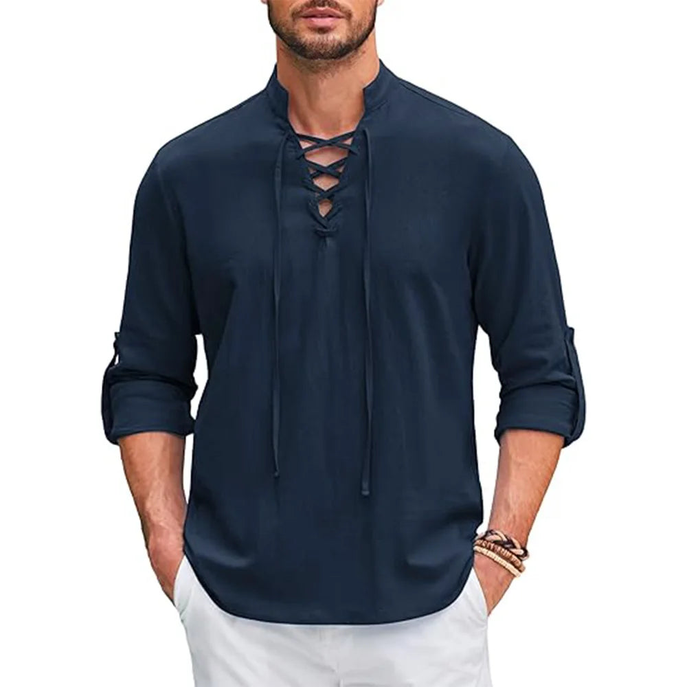 Men's Medieval Linen Shirt Lace-Up Renaissance Pirate Viking Top