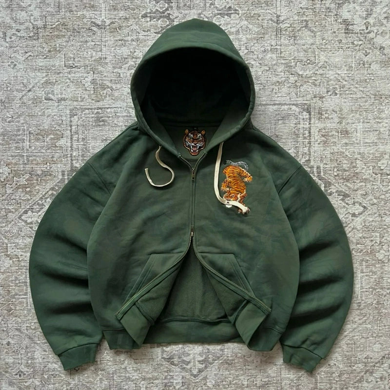 Tiger Embroidered Double Zip Hoodie – Unisex Y2K Streetwear