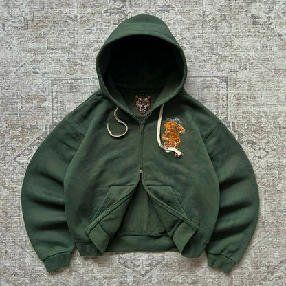 Tiger Embroidered Double Zip Hoodie – Unisex Y2K Streetwear