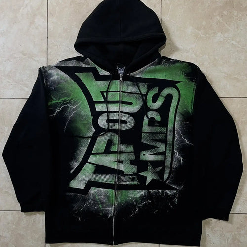Green Tapout Graphic Zip Hoodie – Y2K Hip Hop Oversized Sweatshirt