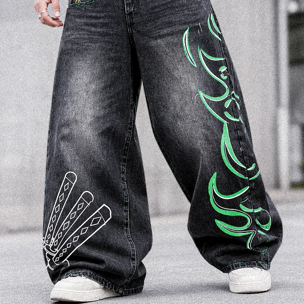 Anime Print Baggy Jeans – Y2K Wide Leg Streetwear Denim Pants
