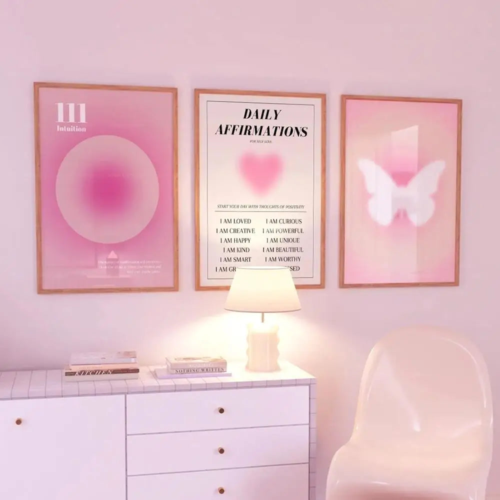 Pink Aura Affirmation Wall Art Poster Set – Angel Numbers & Butterfly Prints