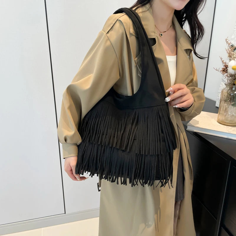 Tassel Hobo Shoulder Bag – Women's Y2K Suede Fringe Purse