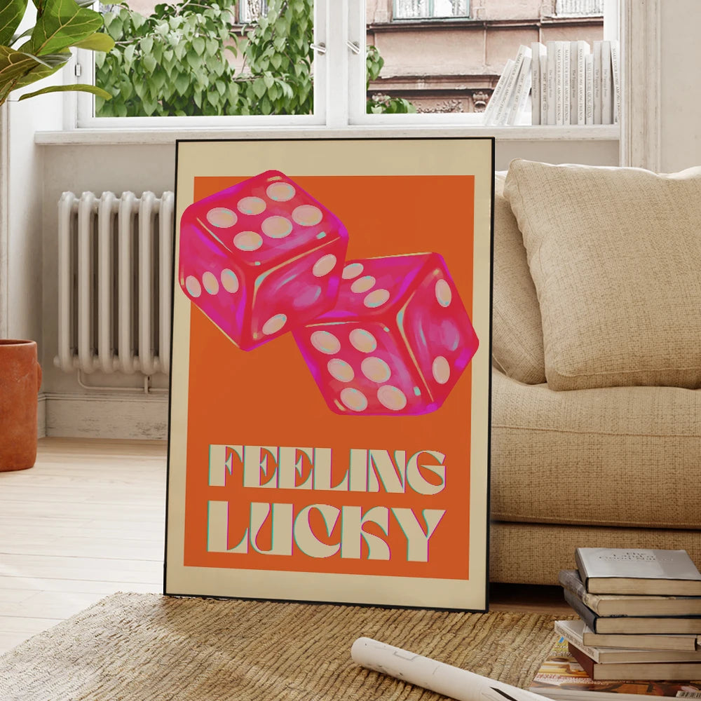 Feeling Lucky Y2K Dice Canvas Wall Art Poster – Dopamine Pink Orange Print