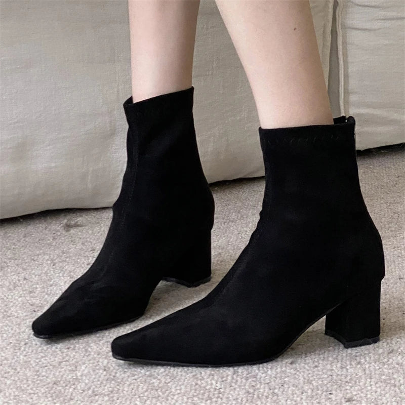 Eilyken Women Ankle Boots – Pointed Toe Square Heel Zipper Booties