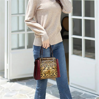 Vintage Embossed Handmade Handbag Women Versatile Pu Leather Shoulder Bag 3 Layers Large Capacity