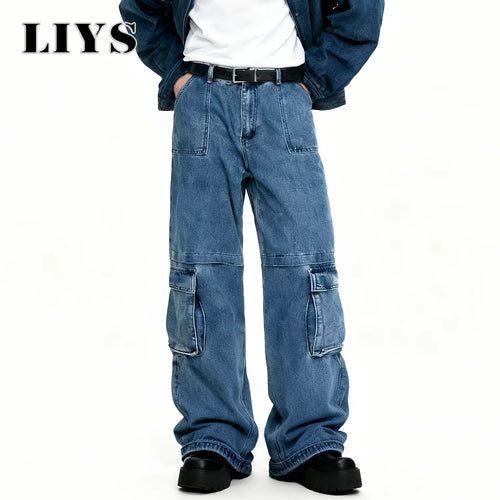 Men S Spring Blue Retro Washed Baggy Cargo Jeans Summer Male Multi Pocket Straight Tube Work Clothes