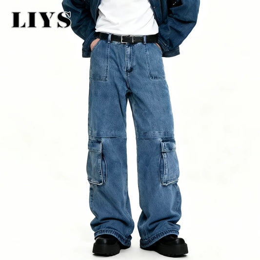 Men S Spring Blue Retro Washed Baggy Cargo Jeans Summer Male Multi Pocket Straight Tube Work Clothes