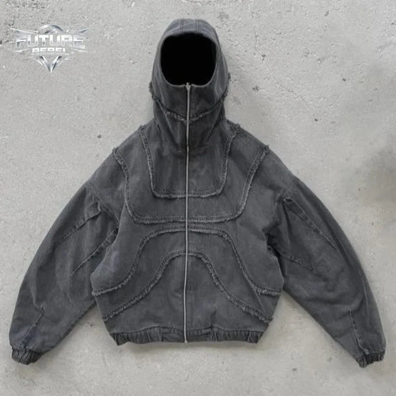 Mens Hoodie Harajuku American Street Streetwear Washed Distressed Zip Up Hooded Sweatshirt Loose Fit
