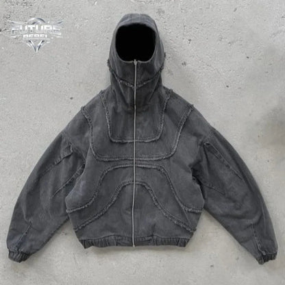 Mens Hoodie Harajuku American Street Streetwear Washed Distressed Zip Up Hooded Sweatshirt Loose Fit