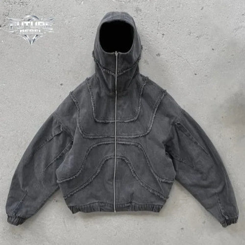 Mens Hoodie Harajuku American Street Streetwear Washed Distressed Zip Up Hooded Sweatshirt Loose Fit