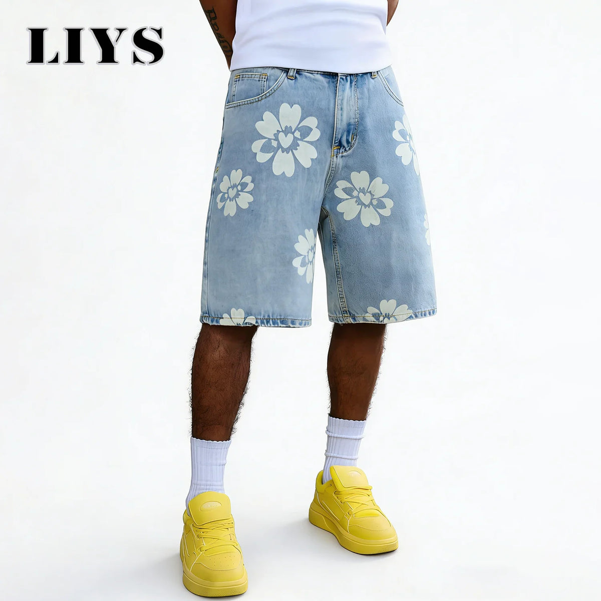 Flower Print Wide Leg Jeans – Men's Y2K Casual Bermuda