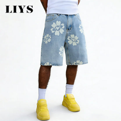 Flower Print Wide Leg Jeans – Men's Y2K Casual Bermuda