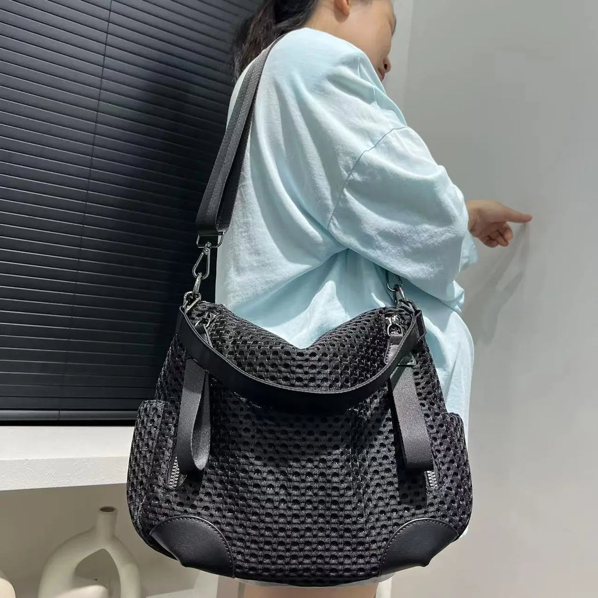 Neutral Mesh Spliced Nylon Shoulder Bag