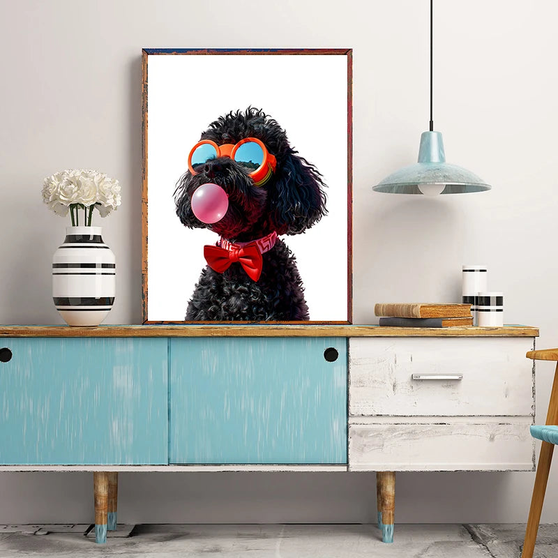 Funny Dog Bubble Gum Poster – Pomeranian with Pink Glasses Wall Art Print