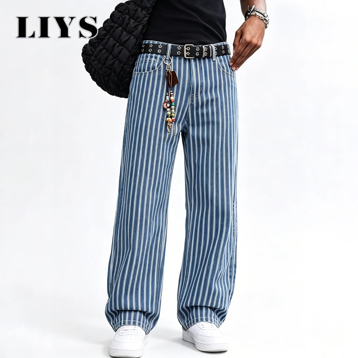 Men's Striped Jacquard Baggy Straight Leg Jeans – Blue & White