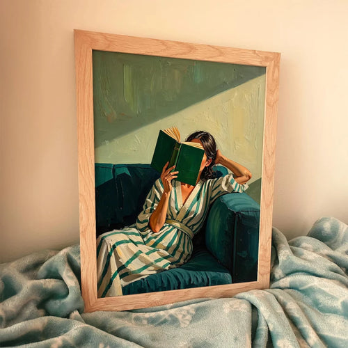 Reading Woman Wall Art Print – Emerald Green Abstract Portrait Poster