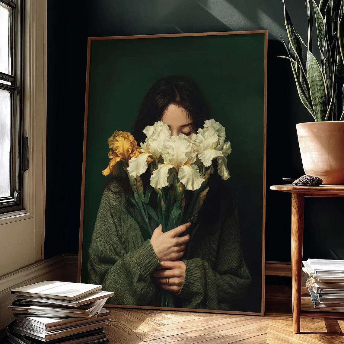 Woman with White Irises Emerald Green Portrait Wall Art Print