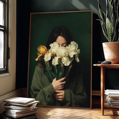 Woman with White Irises Emerald Green Portrait Wall Art Print