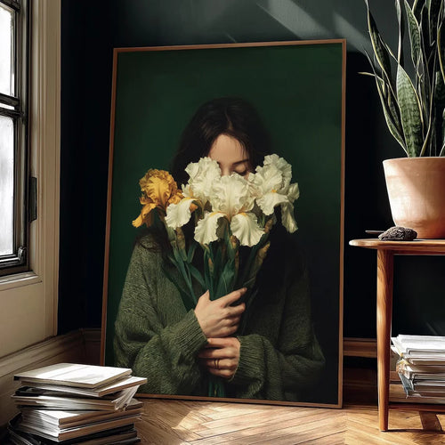 Woman with White Irises Emerald Green Portrait Wall Art Print