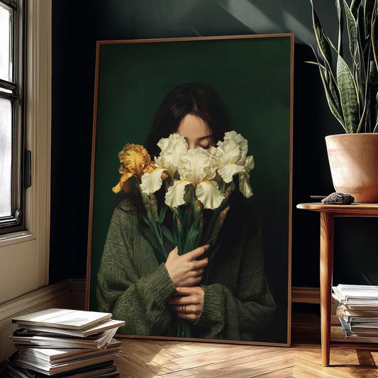 Woman with White Irises Emerald Green Portrait Wall Art Print