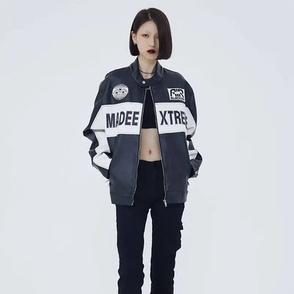 Color Block Motorcycle Leather Jacket – Retro Embroidered Biker Coat