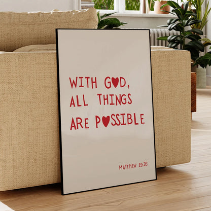 Matthew 19:26 Bible Verse Wall Art Print – With God All Things Are Possible Poster