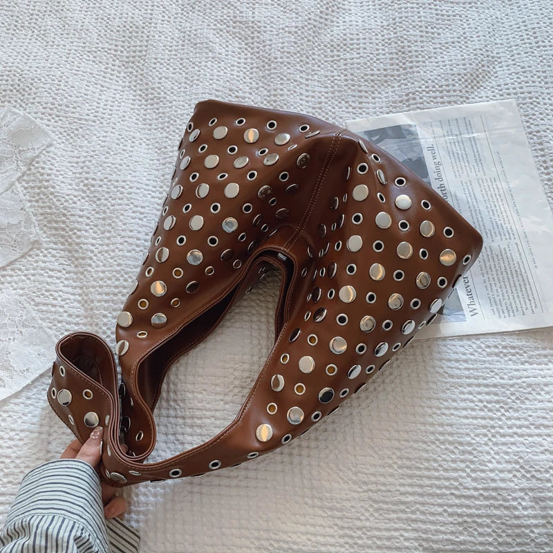 Punk Rivet Hobo Bag – PU Leather Shoulder Bag for Women