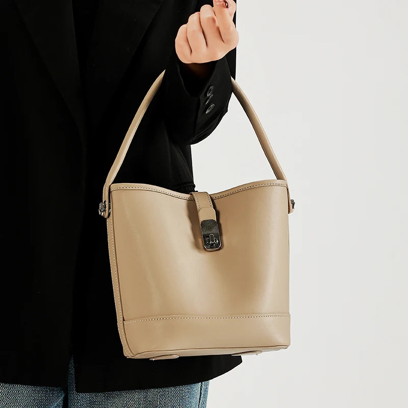Genuine Leather Bucket Bag – Women's Crossbody Shoulder Handbag