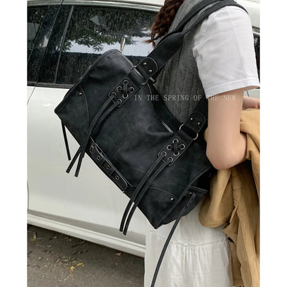 Retro Motorcycle Handbag Women Horizontal Tassel Design