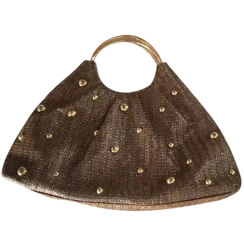 Boho Beaded Straw Handbag Elegant Circle Handle Clutch