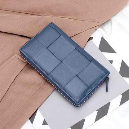 Genuine Leather Women's Long Wallet – Woven Zipper Clutch