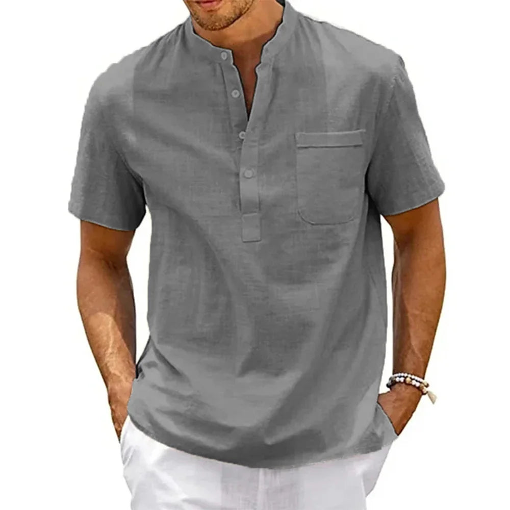 Men's Cotton Linen Henley Shirt – Short Sleeve Beach Top with Pocket