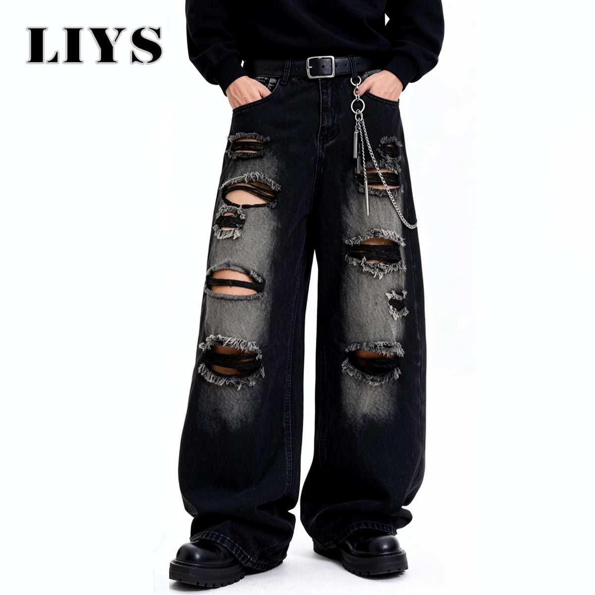 Baggy Ripped Jeans Unisex Gothic Wide Leg Distressed Denim Pants Streetwear