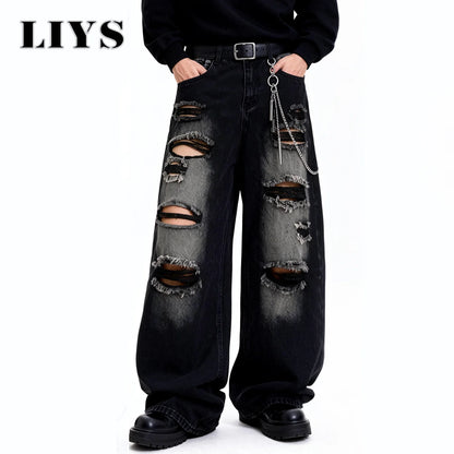 Baggy Ripped Jeans Unisex Gothic Wide Leg Distressed Denim Pants Streetwear
