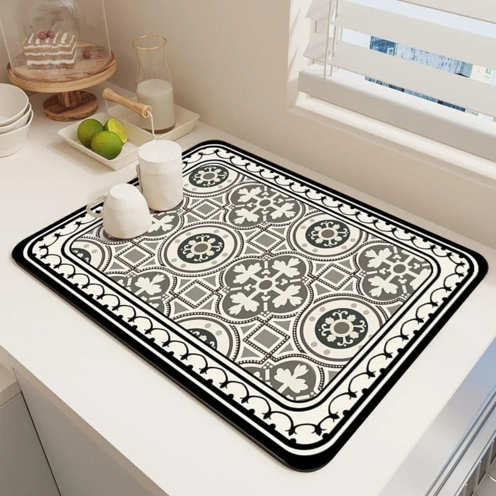 Dish Drying Mat – Boho Vintage Tile Absorbent Non-Slip Kitchen Mat