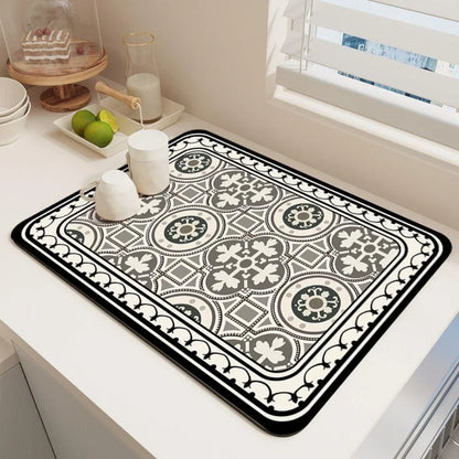 Dish Drying Mat – Boho Vintage Tile Absorbent Non-Slip Kitchen Mat