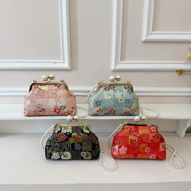 Floral Embroidery Kiss-Lock Shoulder Bag with Pearl Chain