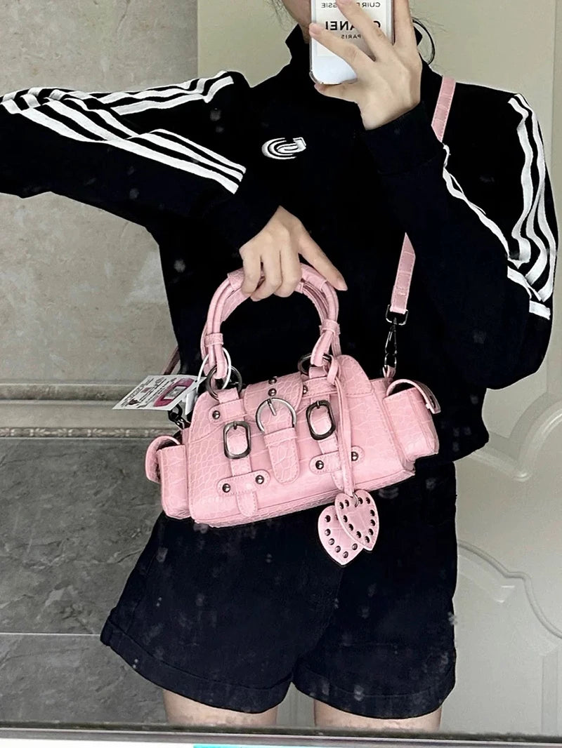 Vintage Pink Y2k Grunge Rivet Handle Crocodile Luxury Designer Bag