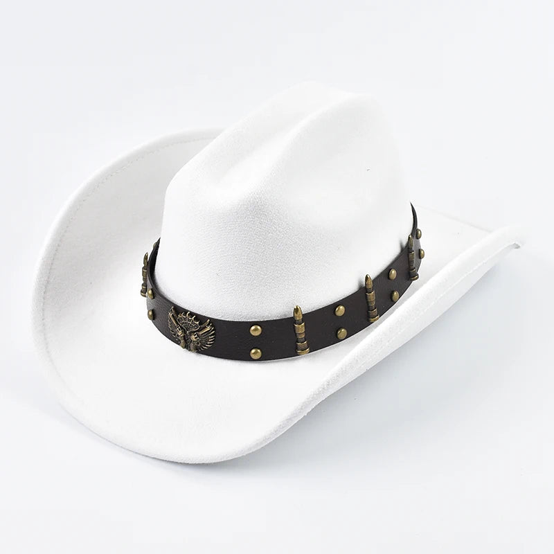Men Women Western Cowboy Hat Leather Vintage Big-Edge Gentleman Cowgirl Cloche Church Caps