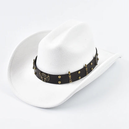 Men Women Western Cowboy Hat Leather Vintage Big-Edge Gentleman Cowgirl Cloche Church Caps