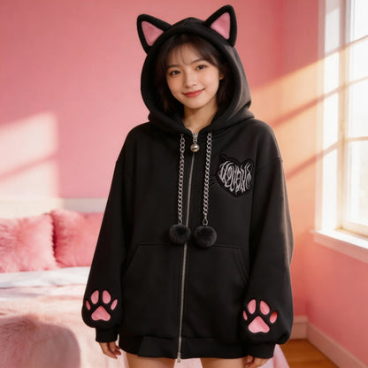 Cat Ear Velvet Hoodie – Women's Y2K Goth Zip-Up Coat