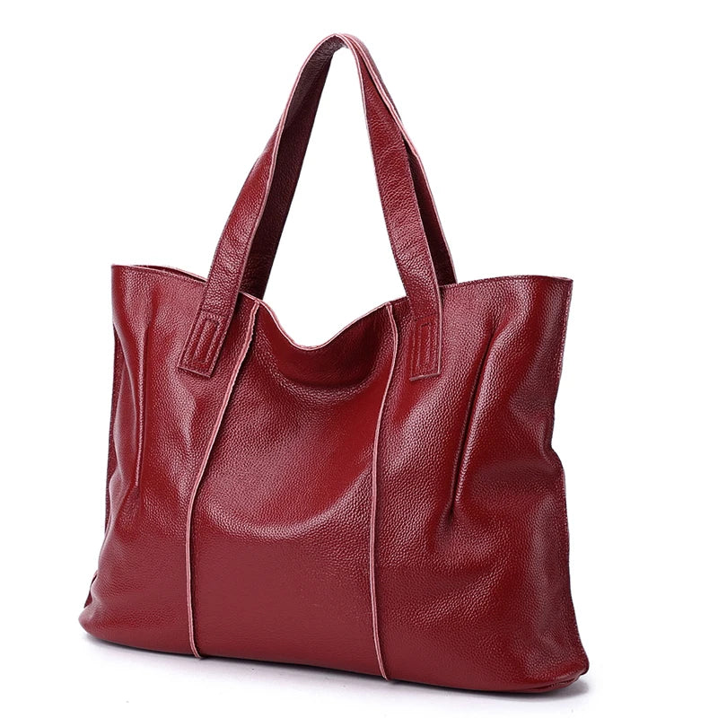 Genuine Leather Women's Large Tote Bag – Soft Cowhide Shoulder Bag