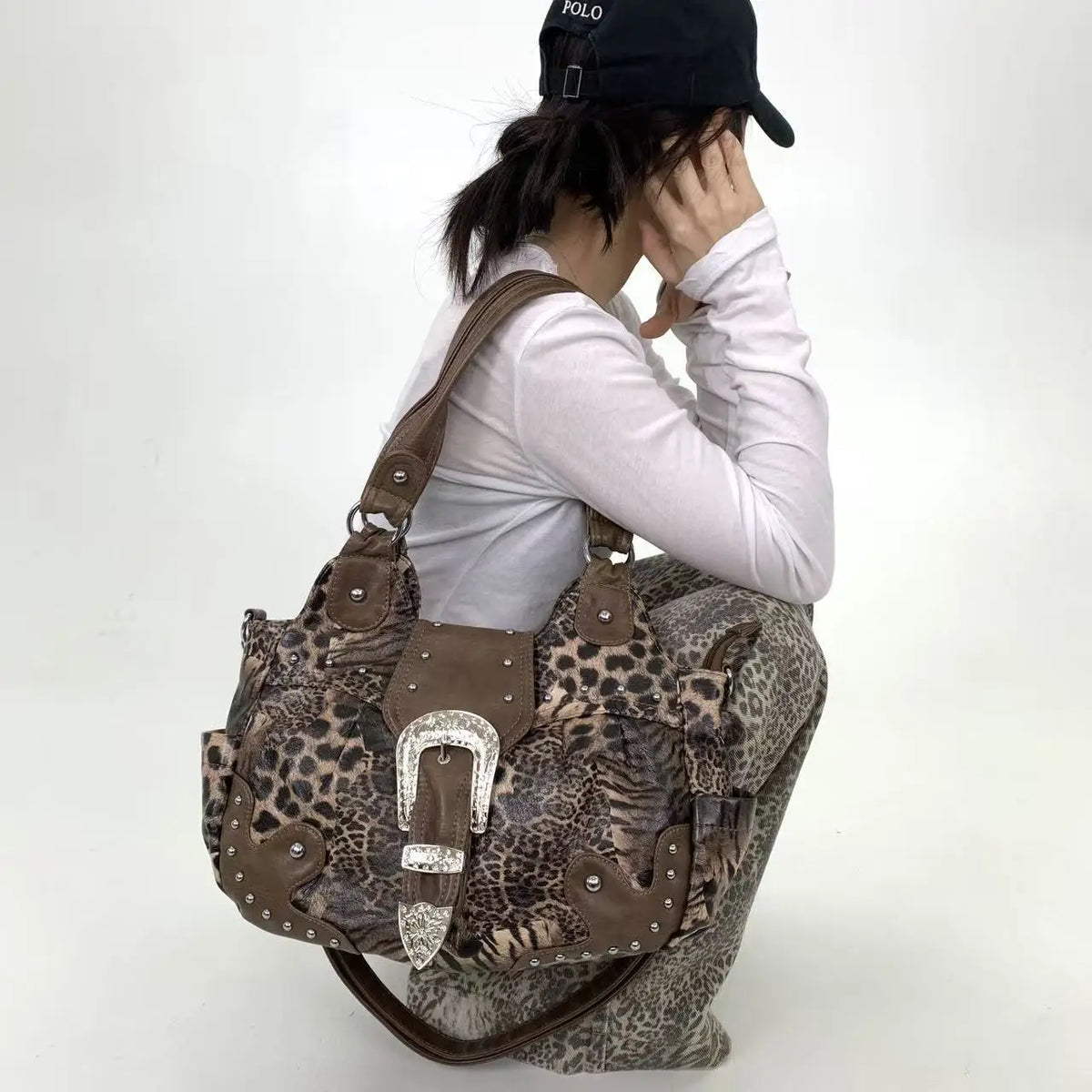 Y2K Leopard Patchwork Rivet Crossbody Tote Bag