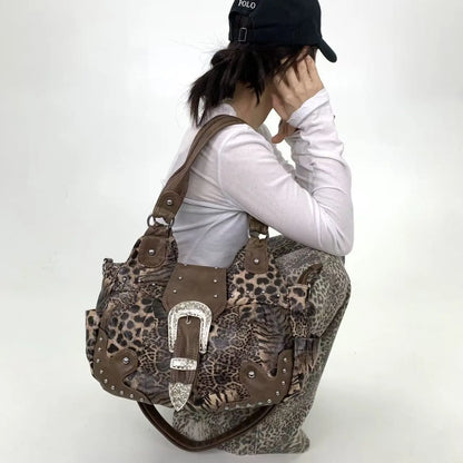 Y2K Leopard Patchwork Rivet Crossbody Tote Bag