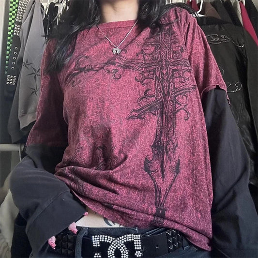 Y2K Goth Cross Graphic Long Sleeve Tee – Women's Grunge Shirt