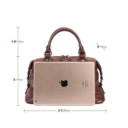 Genuine Leather Boston Bag – Women's Designer Shoulder Handbag with Wide Strap