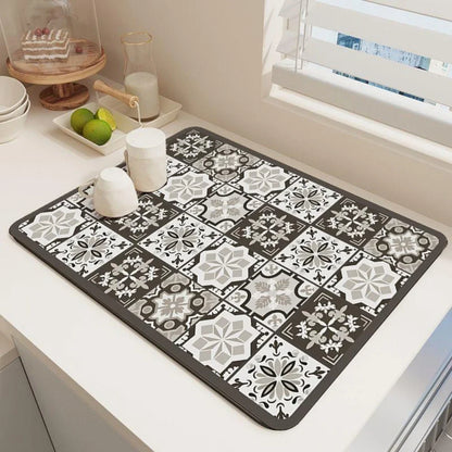 Dish Drying Mat – Boho Vintage Tile Absorbent Non-Slip Kitchen Mat