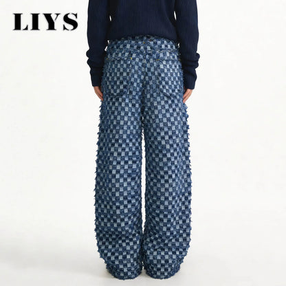Checkerboard Jacquard Baggy Wide Leg Jeans – Korean Style
