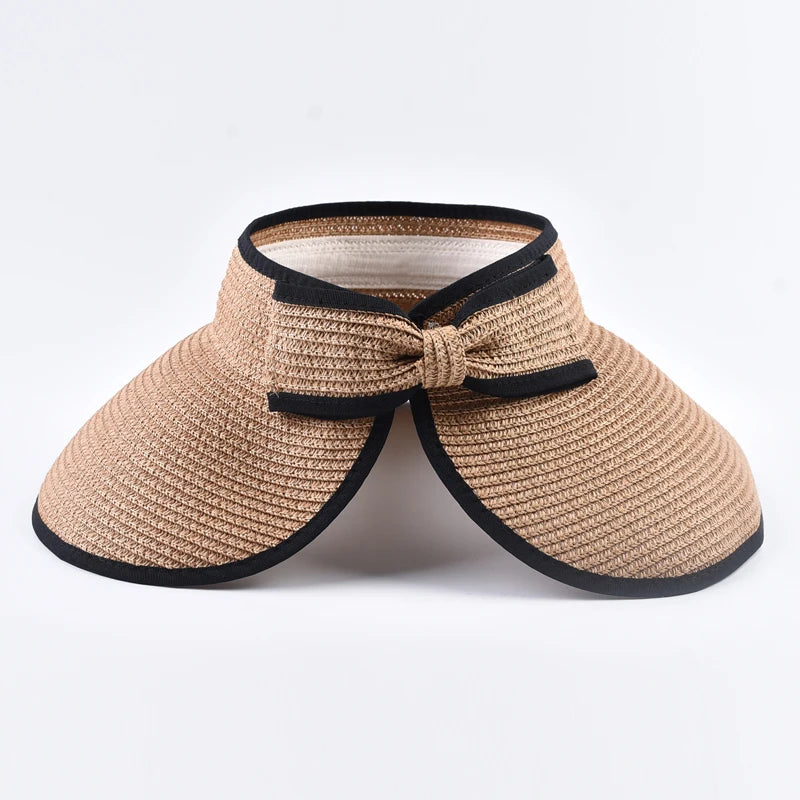 Women's Wide Brim Straw Sun Visor Hat – Foldable Open Top Beach Hat